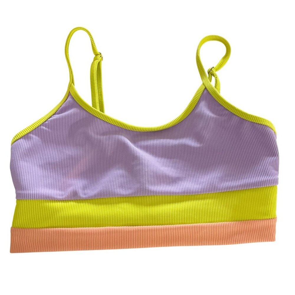 Beach Riot Eva Bikini Top Purple Yellow & Orange Ribbed Scoop Neck - Size Medium